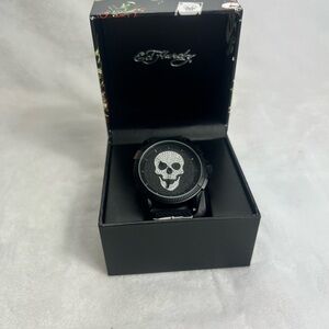 Ed Hardy Black and silver Skull watch.